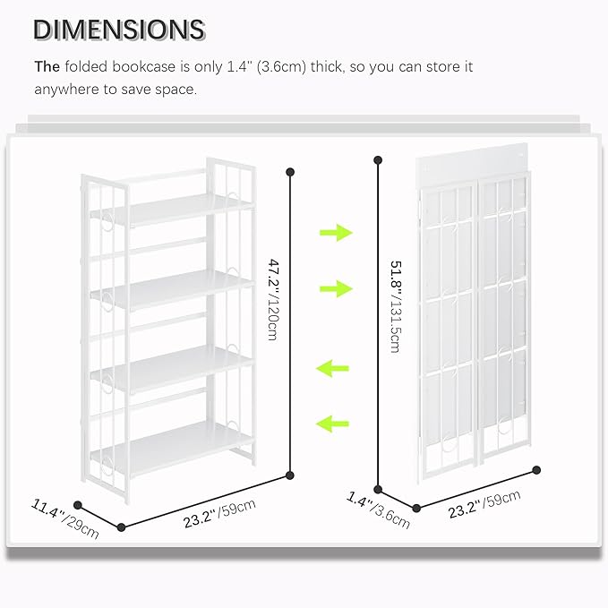 4NM No Assembly 4 Tiers Folding Bookshelf, 47.2" H Foldable Storage Shelves