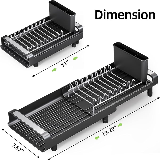 Small Dish Drying Rack, Mini Expandable Compact Dish Rack, Slim Extendable Stainless Steel Dish Drainer for Kitchen Plate Storage, Space Saving Dish Strainer in Sink or on Home Countertop, Matte Black