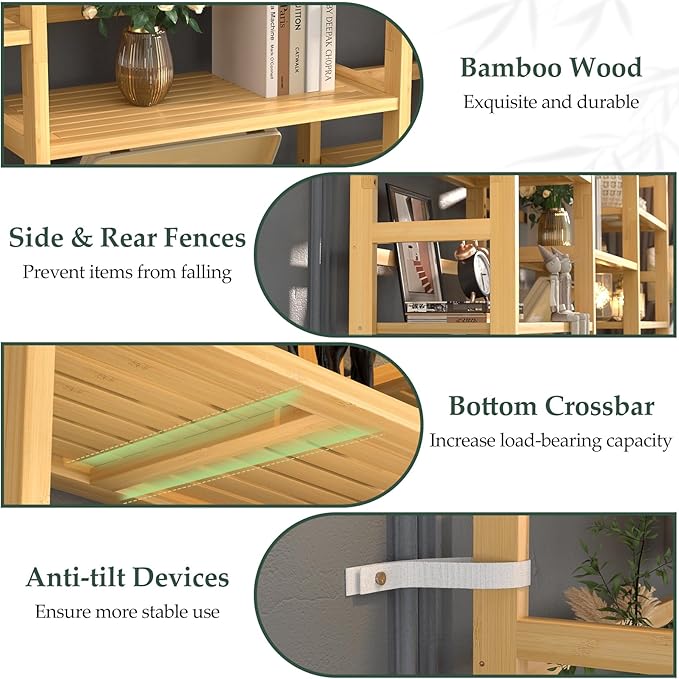 Homykic Bamboo Bookshelf, 71” Tall Triple Wide Bookcase