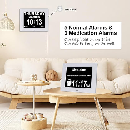 Johnziny 8 Inch Digital Clock Large Display Dementia Clocks with Day and Date for Seniors,8 Alarms Options Digital Clock,Digital Calendar with Large Number and Custom Alarms White