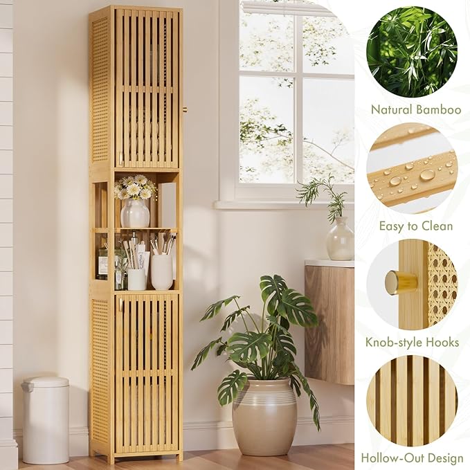 Amazer 70'' Tall Bathroom Storage Cabinet Bamboo, Narrow Storage Cabinet