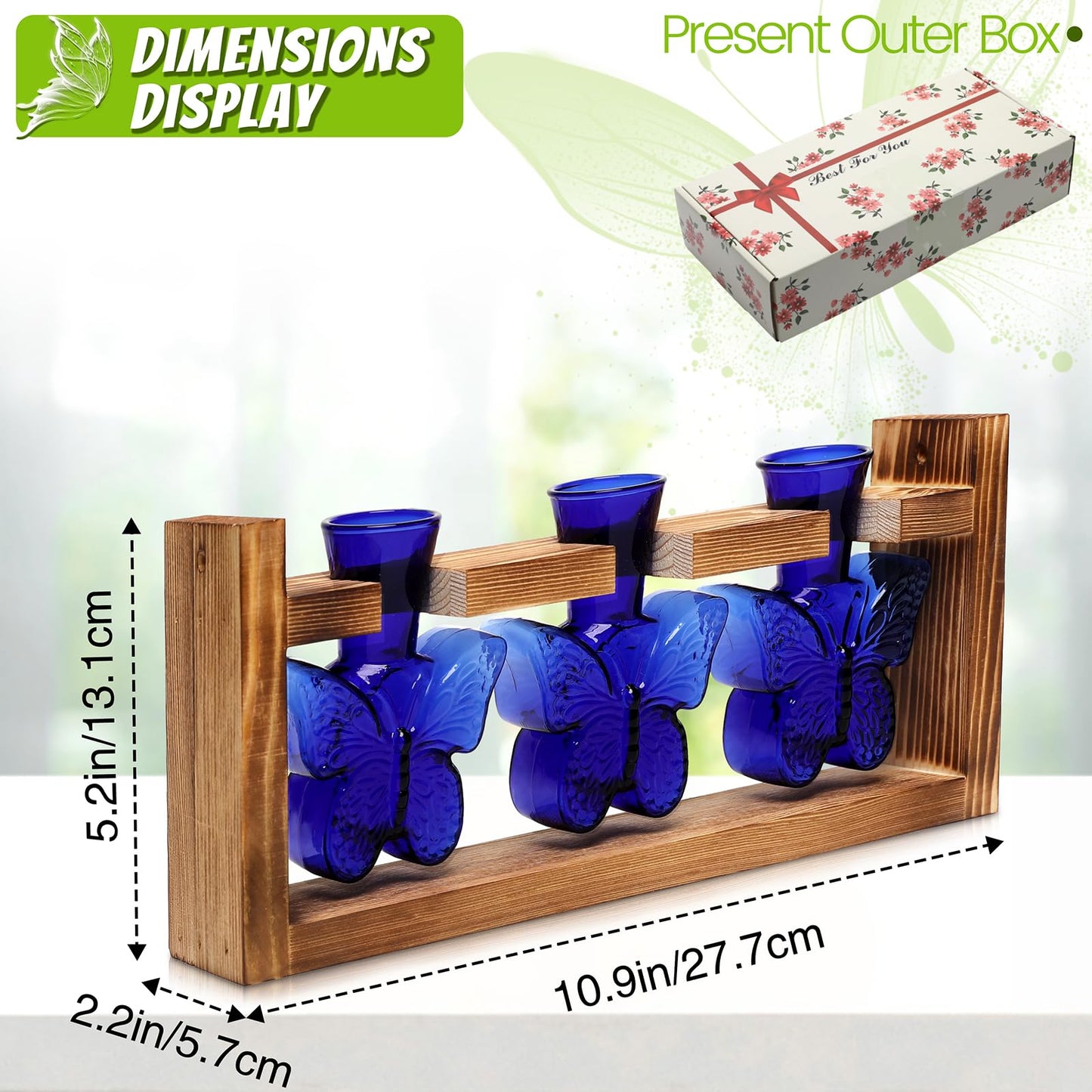 Glass Plant Propagation Station Butterfly Planter Vase with Wooden Stand Birthday Gifts for Women Mom Plant Lovers Office Home Decoration