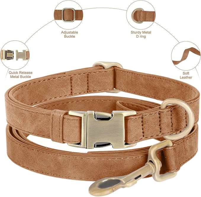 Genuine Leather Dog Collar - Adjustable Pet Collar with Quick Release Metal Buckle, Soft Skin Friendly Real Leather Collar for Small, Medium, Large Dogs (Brown Collar + Rope, S：Fit 8-16" Neck)