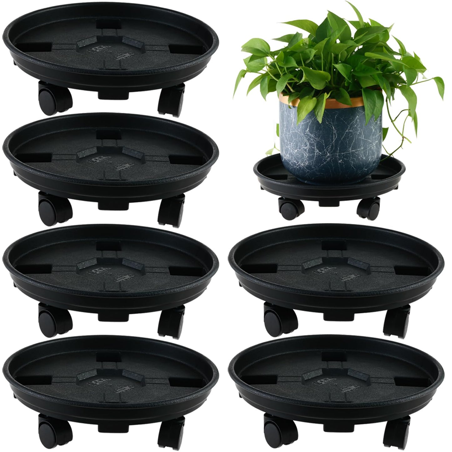 6 Packs 13 Inches Large Plant Caddy with Wheels Plant Saucers on Wheels Rolling Plant Stands Heavy-duty Plant Dolly Plastic Planter Roller Base Pot Movers Outdoor Plant Tray Coaster, Black