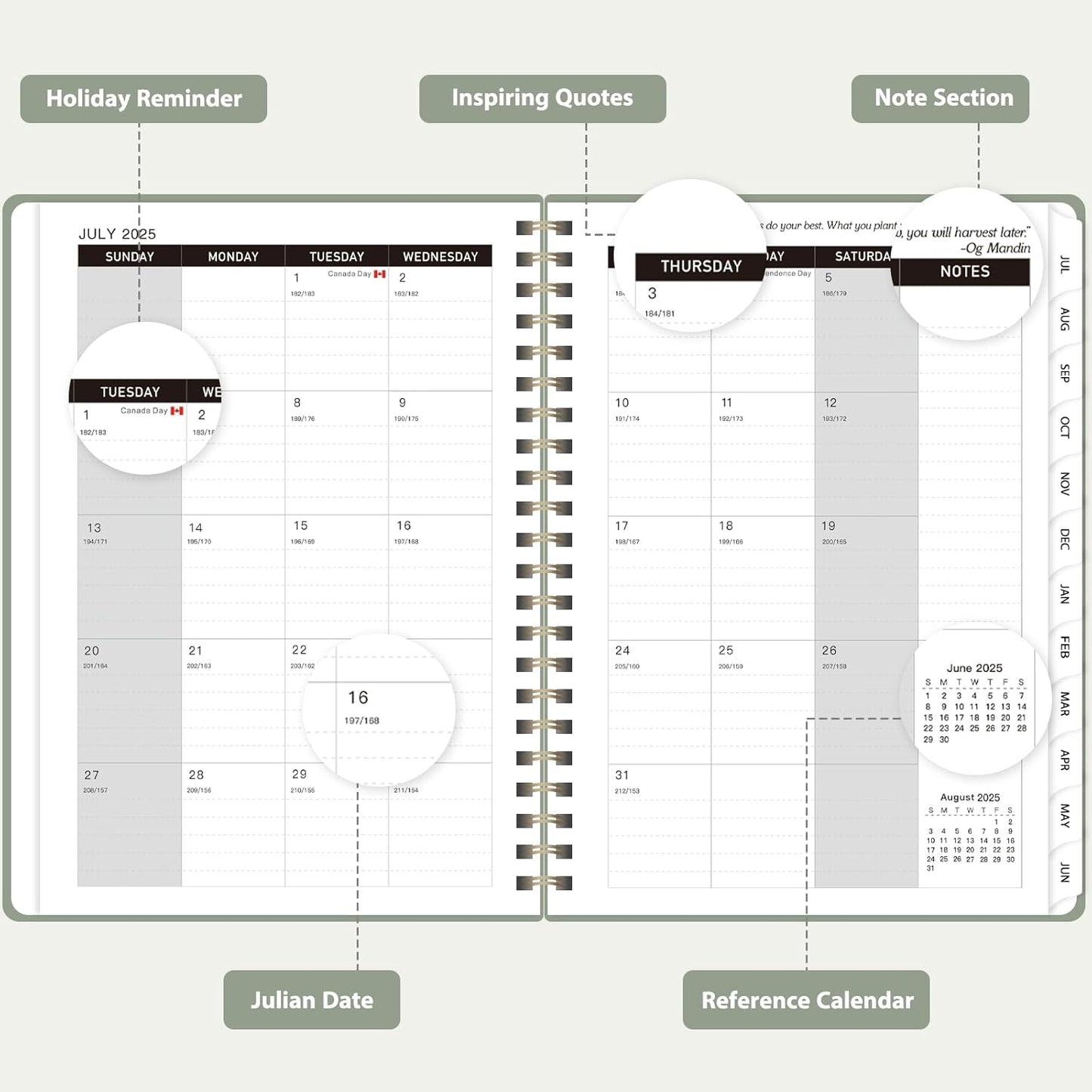 Planner 2025-2026 for Women & Men, Weekly and Monthly Calendar Notebook (July 2025 - June 2026), Hardcover Spiral Bound School Teacher Student Planner with Tabs, Inner Pocket, A5 (6.3" x 8.5")