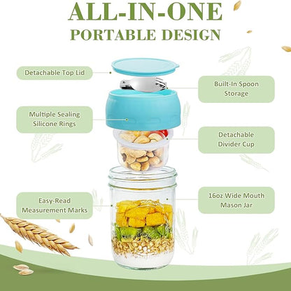 Miuyhji Overnight Oats Containers with Lids, 2-Pack Glass Mason Jars 16 oz with Lids, Folding Spoons and Separated Compartment, for Chia Pudding, Yogurt, Salad, Parfait Cups (Gray/Purple)