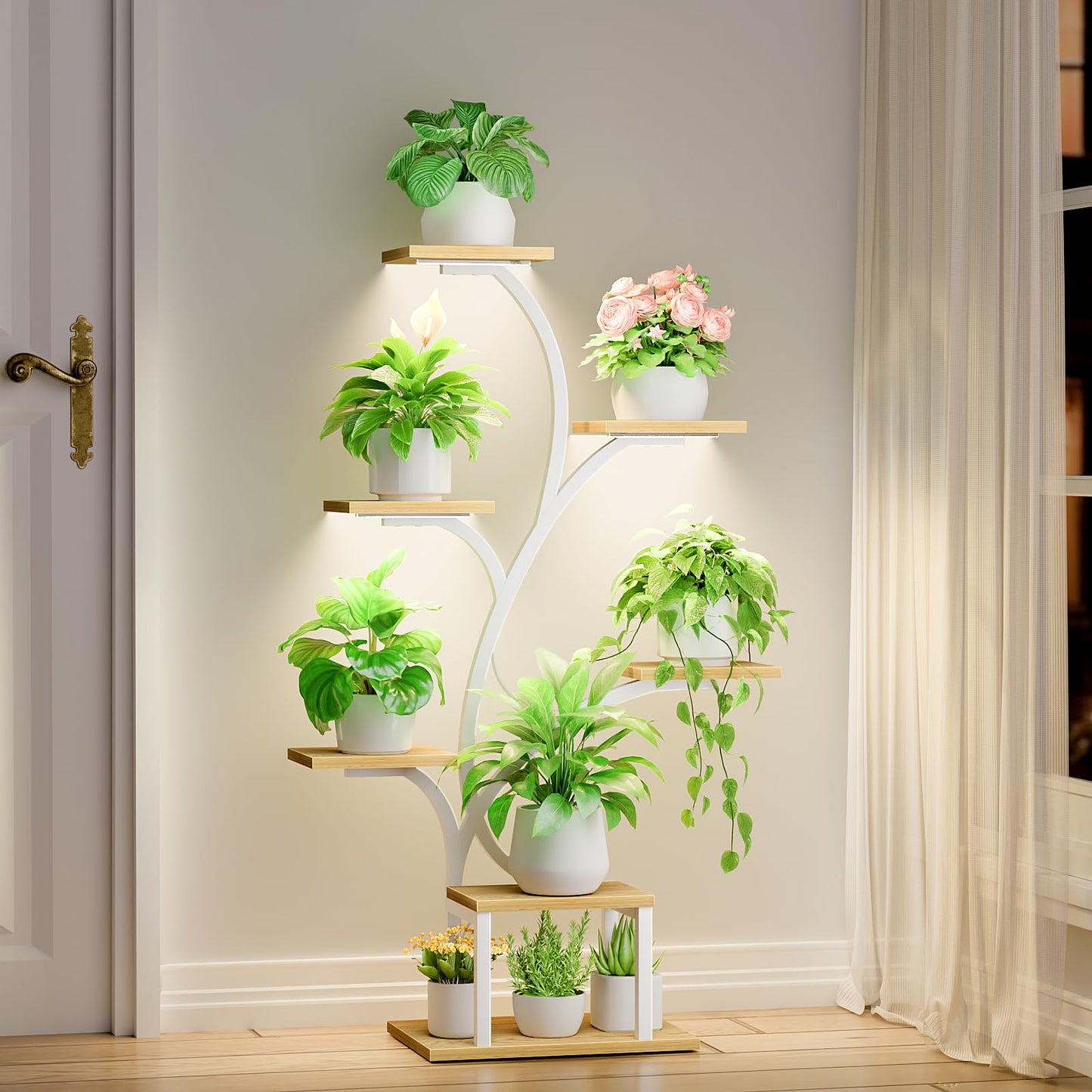 BACEKOLL Plant Stand Indoor with Grow Lights, 7 Tiered Indoor Plant Shelf, 49" Corner Plant Stands for Indoor Plants, Metal Plant Flower Display Shelf, Tree-Shaped Plant Rack for Home, Patio, Natural