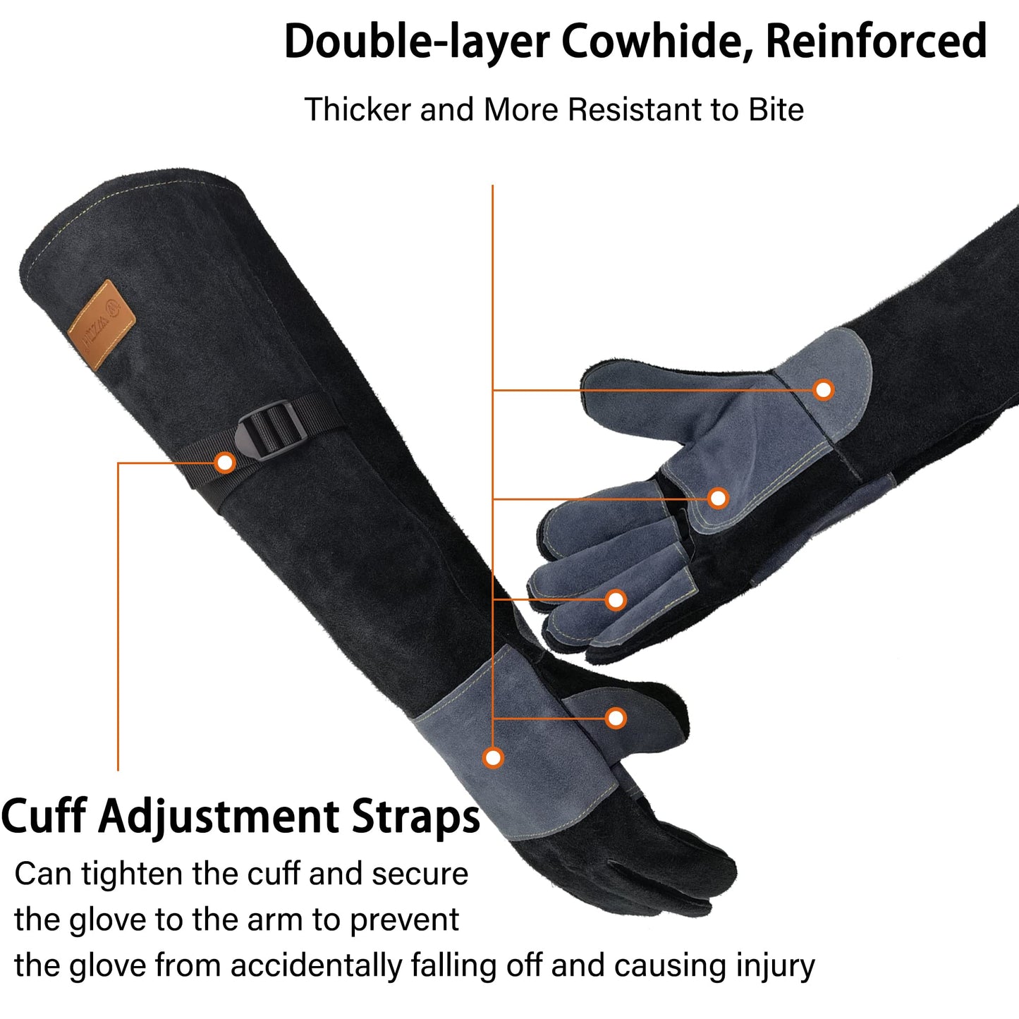WZQH 23.6 In Leather Welding Gloves for Animal Handling,Grabbing Reptile, Grooming,Trips to Vet,BBQ,Fireplace.Puncture & Scratch Resistant, Bite Proof for Cat Dog Bird Falcon Livestock Snake L Black