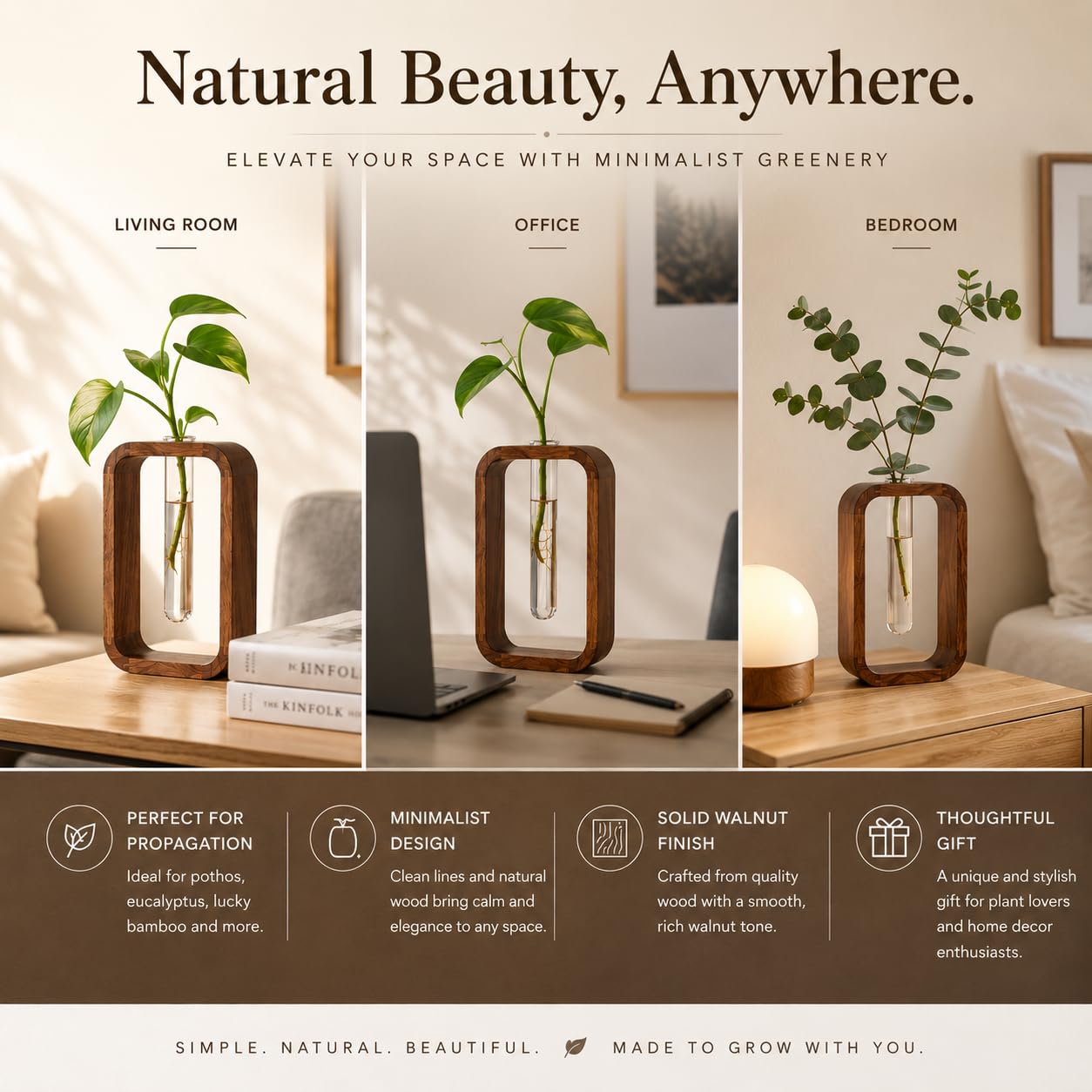 TerraSol Modern Wooden Frame Glass Vase Hydroponic Planter – Minimalist Square Propagation Station with Test Tube Vase – Indoor Plant Terrarium for Flower, Cuttings & Home Office Decor