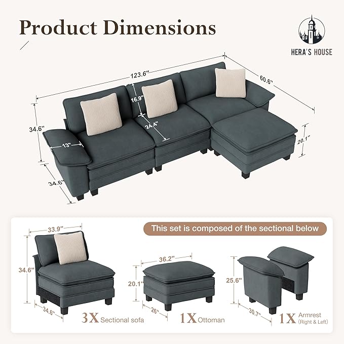 HERA'S HOUSE 124" Modular Sectional Sofa, Oversized L Shaped Couches