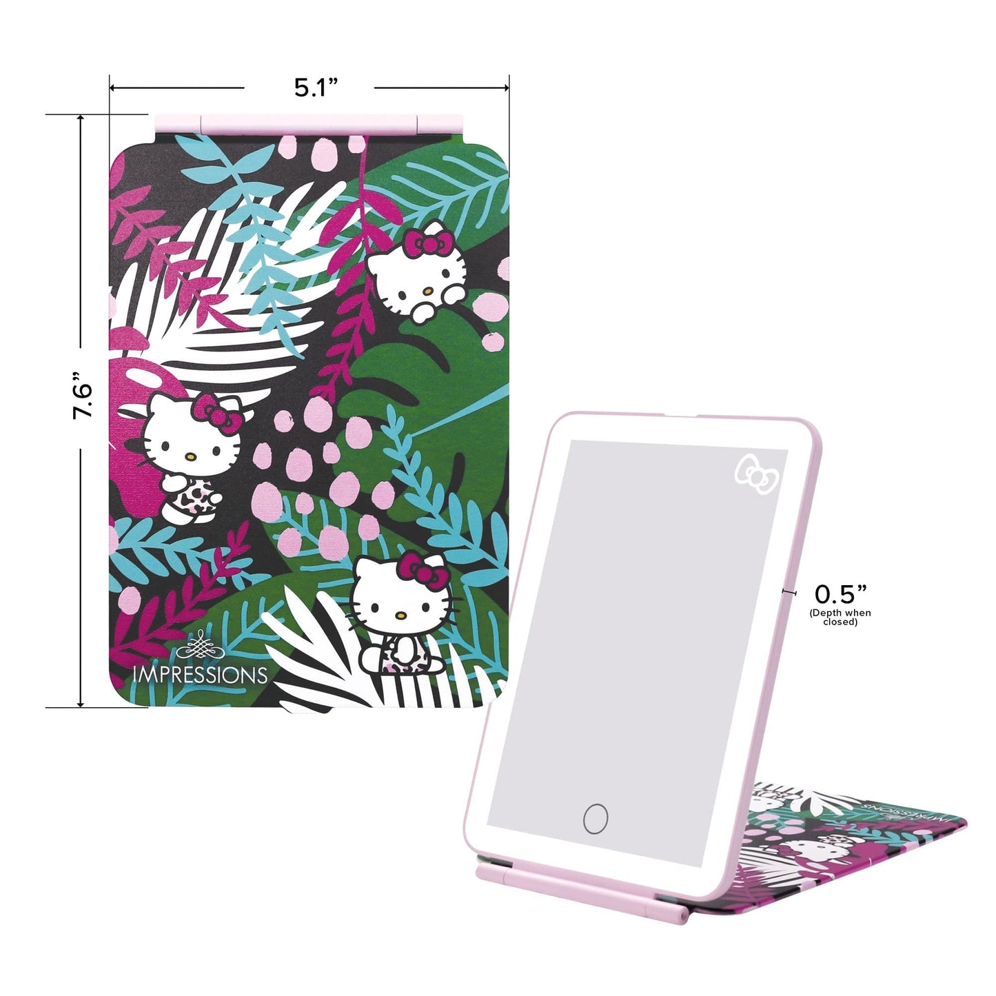 Impressions Vanity Hello Kitty Touch Pad Mini Tri-Tone Makeup Mirror with Printed Flip Cover and LED Strip, Travel Vanity Mirror with Touch Sensor Switch and USB Extension (White/Pink)
