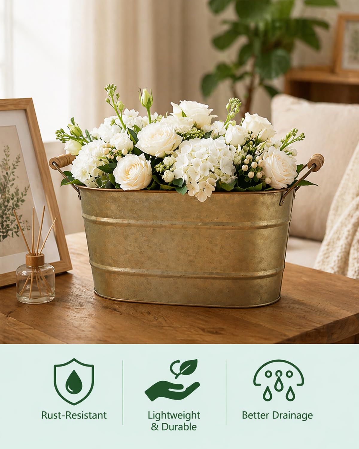 vensovo 15 Inch Galvanized Planters for Outdoor Plants - 3 Pcs Rustic Large Metal Flower Buckets with Drainage & Plug, Farmhouse Style Oval Planter Containers with Handles, Great for Home Decor