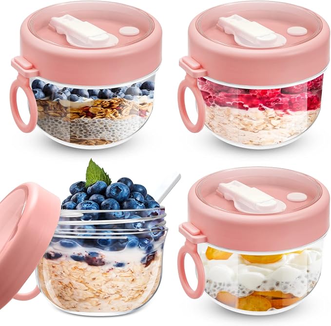 Gerrii 4 Pcs Overnight Oats Container with Lids and Spoons, 20 oz Plastic Overnight Oats Jars Large Capacity Airtight Yogurt Container for Milk, Fruit, Cereal and Salad Storage (Pink)
