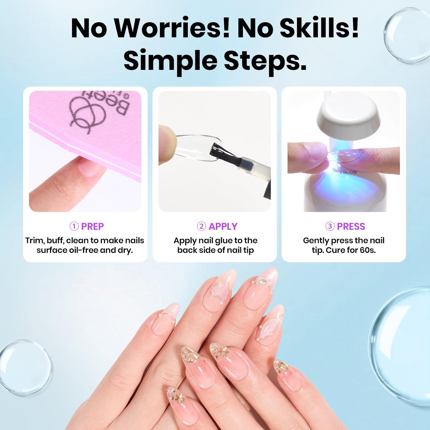 Beetles Gel Nail Kit Short Almond, 240Pcs Easy Nail Extension Set Shaped Clear Tips with 5 in 1 Nail Glue Base & Top Coat and Mini UV Lamp, Nail Tips Art Acrylic Nail Kit Gifts for Women