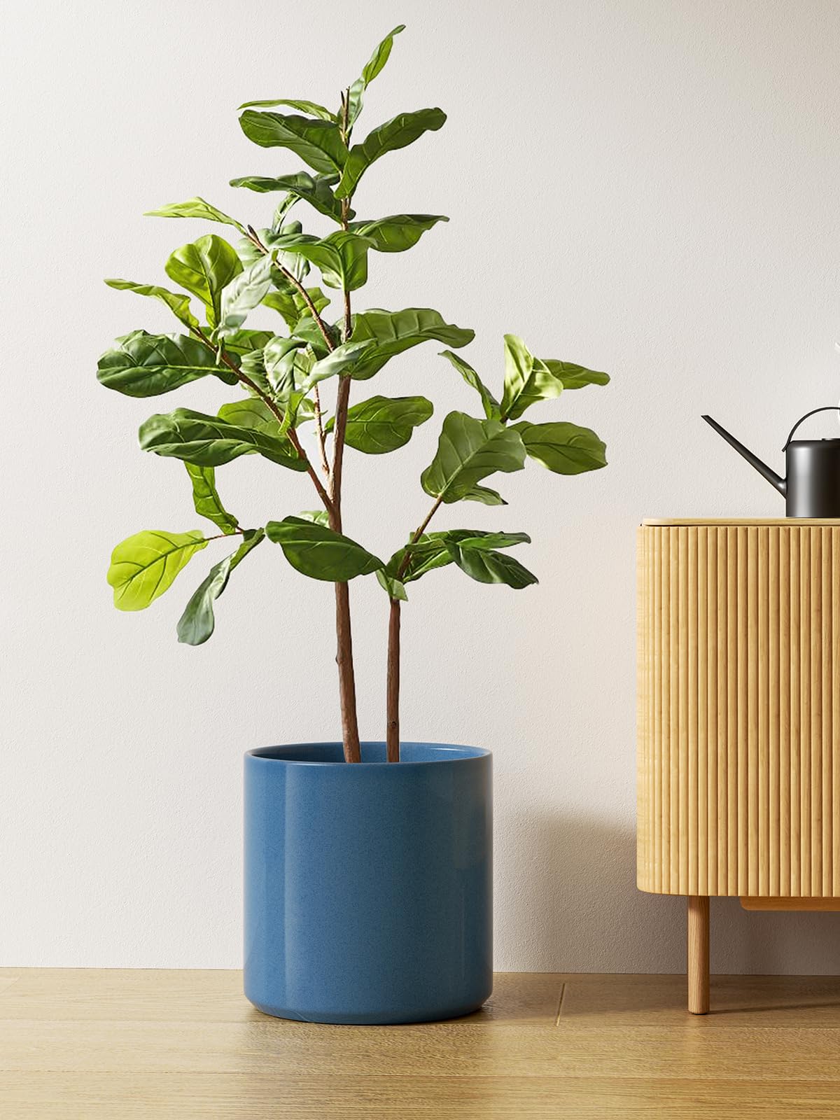 LE TAUCI 12 Inch Pot for Plants, Ceramic Planters for Indoor Plants, Mid-Century Modern Cylinder Flower Pots with Drainage Hole, Fits Fiddle Leaf Fig & Monstera, Home Decor, Harbor Blue
