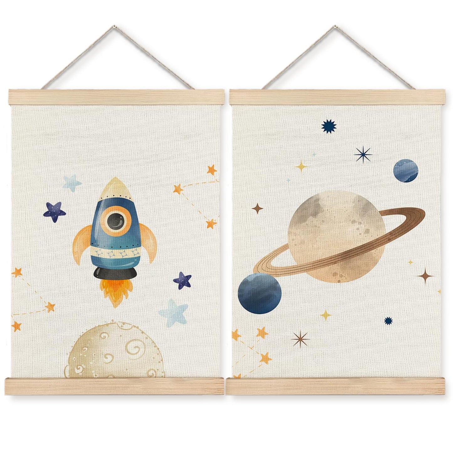 BearCake Space Nursery Decor, Solar System Rocket Wall Art Poster Hanger Frame, Space Canvas Prints Framed Wall Decor for Classroom Toddler Boys Room Nursery Playroom, 12x16 Inch Set of 2