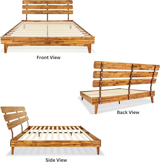 Bme Caden King Size Bed Frame and Adjustable Headboard, 15 Inch Mid Century