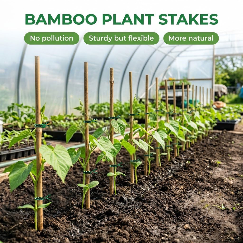 Plant Stakes Natural Bamboo Sticks - 30 Pcs Bamboo Garden Stakes for Plants 4.8 FT Plant Support Sticks with Twist Ties for Tomatoes Beans Flowers Indoor Outdoor Potted Climbing Plants