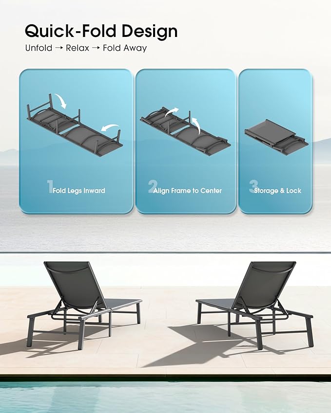 Ciokea Foldable Outdoor Lounge Chair, No Assembly Patio Chaise Lounge Outdoor