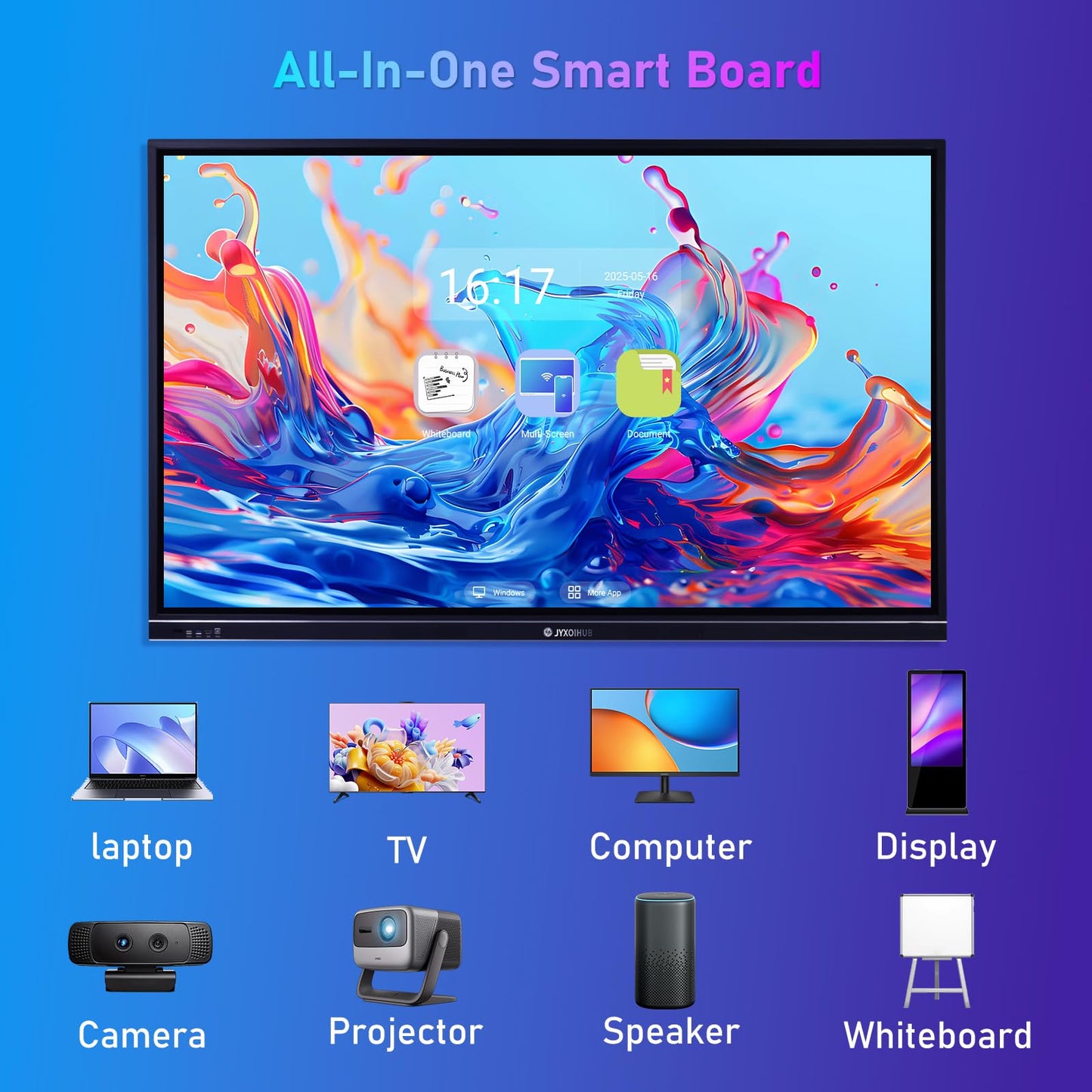 JYXOIHUB Interactive Whiteboard, 86inch Smart Board with 4K UHD Touch Screen Flat Panel, All in One Digital Electronic Whiteboard Built in Dual System for Conference