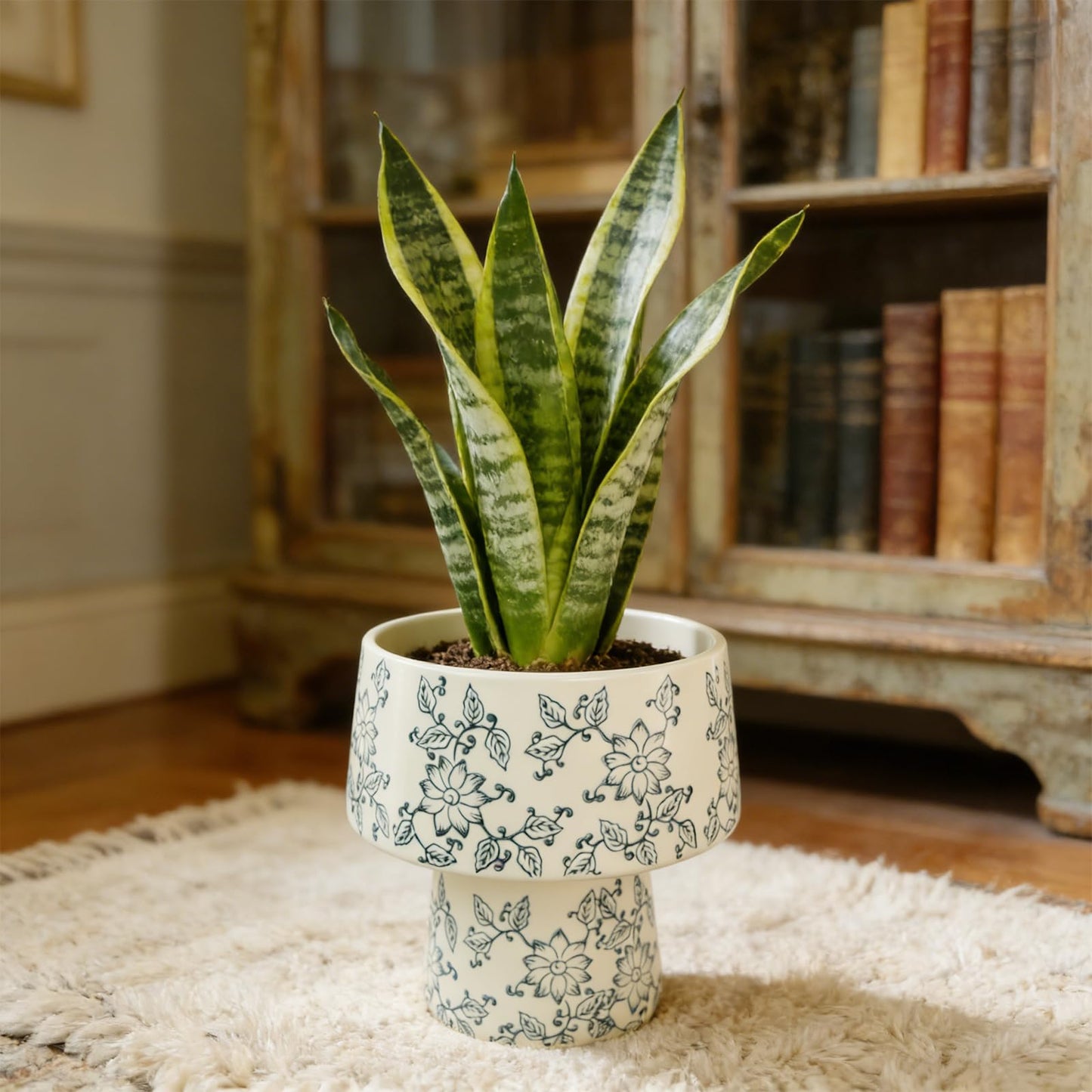 Blue and White Ceramic Flower Pot with Drainage Hole ，Elegant Succulent Plants and Orchid Planters , Home Decor Flowerpots with Tall Cup Shape Suitable for Tiger Tail Orchid and Floral Plants (BIG)