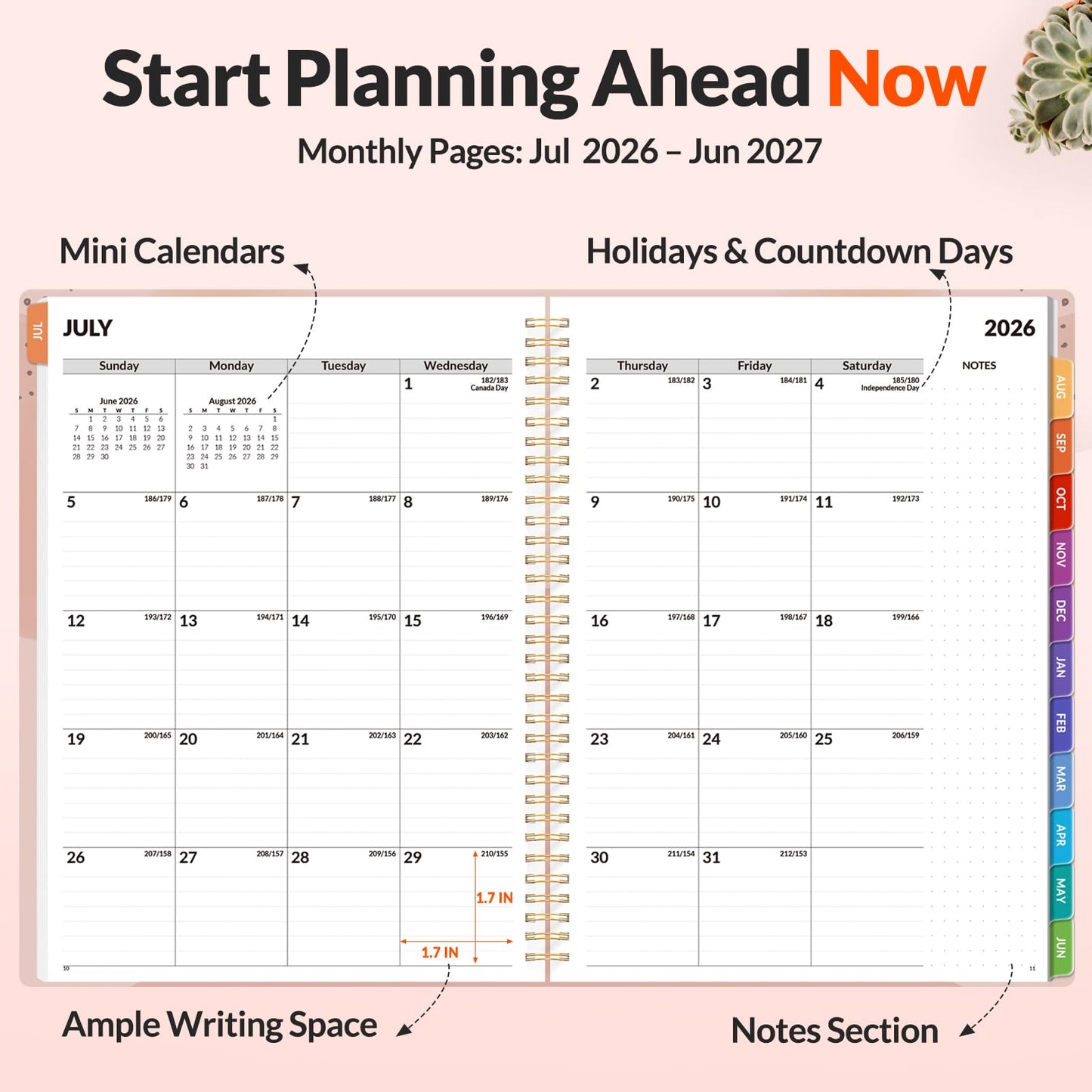 SUNEE Academic Planner 2026-2027 – Weekly & Monthly Planner, July 2026 to June 2027, 8.5"x11", Thick Paper, Tabs, Pockets, Bookmark, Spiral-Bound, Student Teacher Organizer, Blushing Abstract Breeze