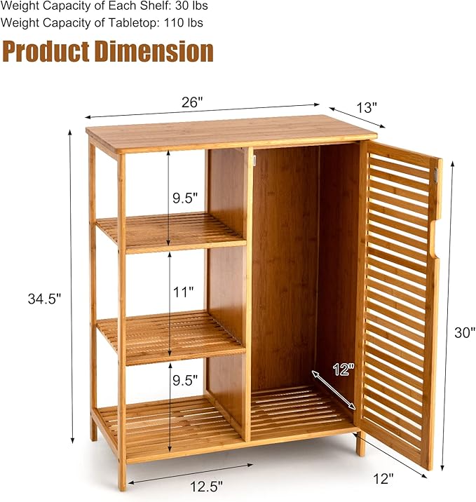 Tangkula Bamboo Bathroom Floor Cabinet, Storage Cabinet