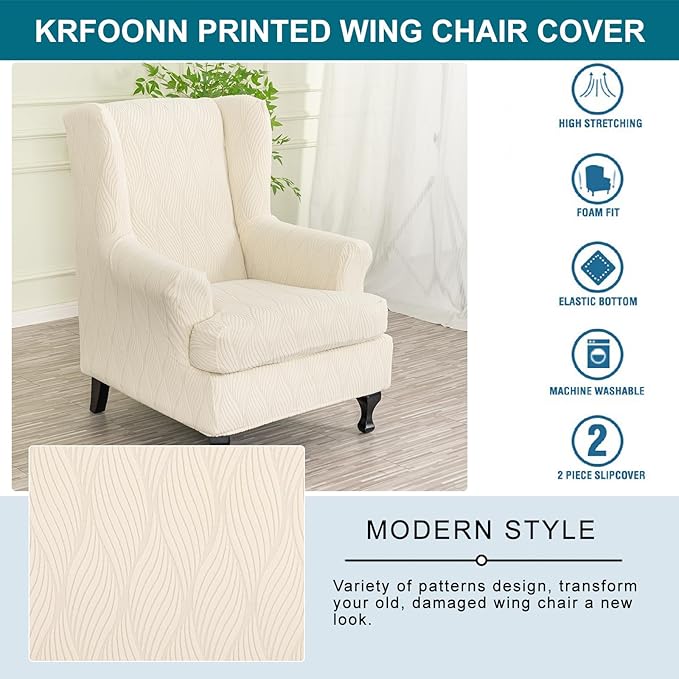 KRFOONN Stretch Wing Chair Slipcovers Jacquard 2 Piece Wingback Chair Covers