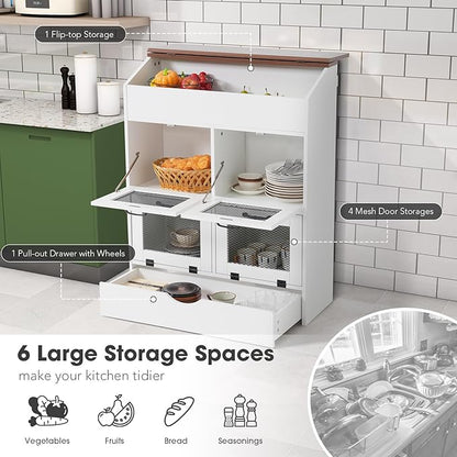 Patiorama Wood Potato and Onion Storage Bin Box, Large Vegetable Storage Box w/Lid,Wooden Bread Storage Bin w/4 Mesh Doors,Movable Bottom Drawer, Farmhouse Potato Storage Bins for Kitchen Pantry White