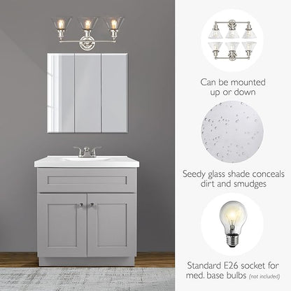 Design House Augustin Vanity Light, 3-Light, Seeded Glass Warm Glow, Dimmable, Up/Down Glow, Easy Installation, E26 Socket, Satin Nickel, 25.9 in L x 8.3 in D x 11.1 in H, 589036-SN