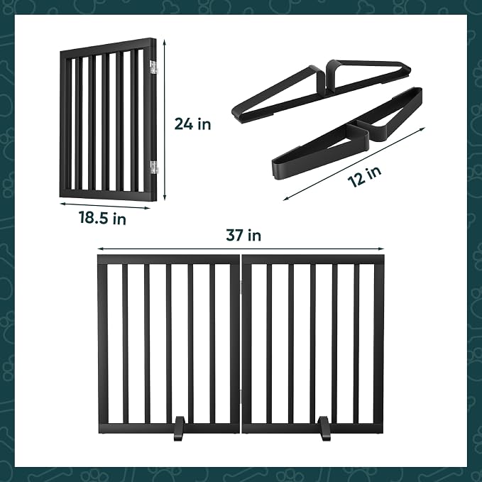 Semiocthome Bamboo Dog Gates Indoor 2-Panel Freestanding Puppy Gates for The House with 2 Metal Stands 24" H Folding Wood Pet Gate for Stairs Doorway, Fully Assembled Safety Fence - Black