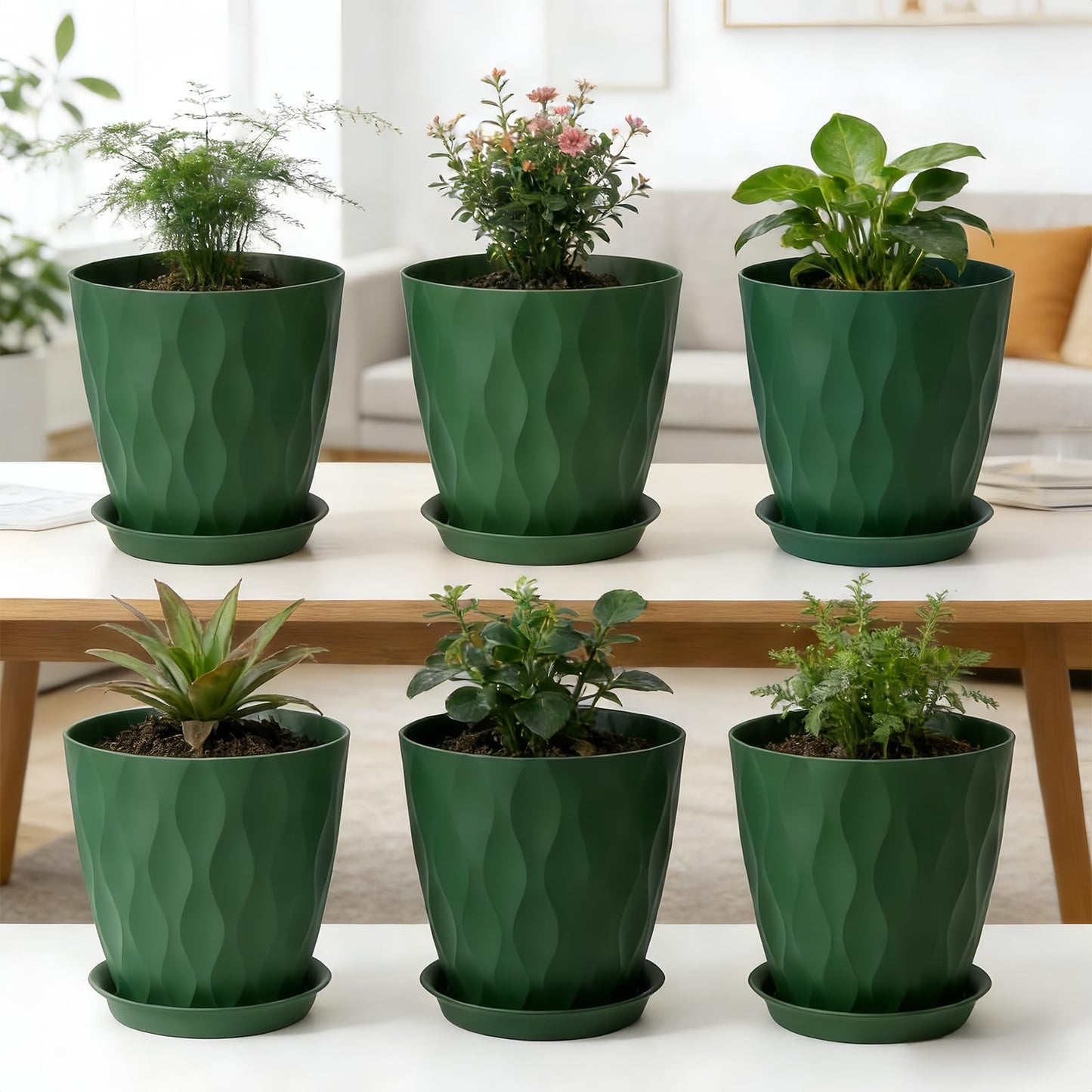 LESOASIS Plant Pots 8 Inch, 6 Pack Plastic Flower Pots for Indoor & Outdoor Plants, Planters with Drainage Holes and Saucer, Garden Pot for Plants (Deep Green)