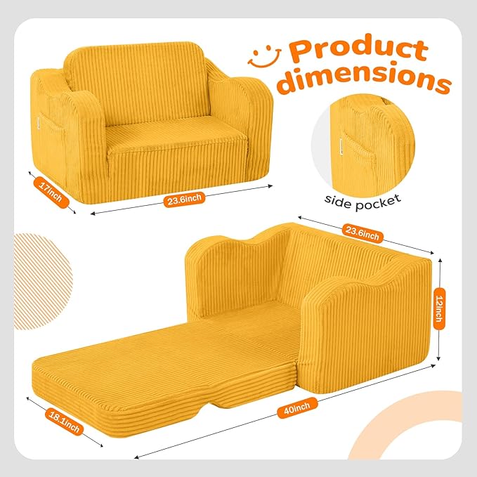 MeMoreCool Toddler Couch, 2-in-1 Corduroy Kids Couch Fold Out to Lounger