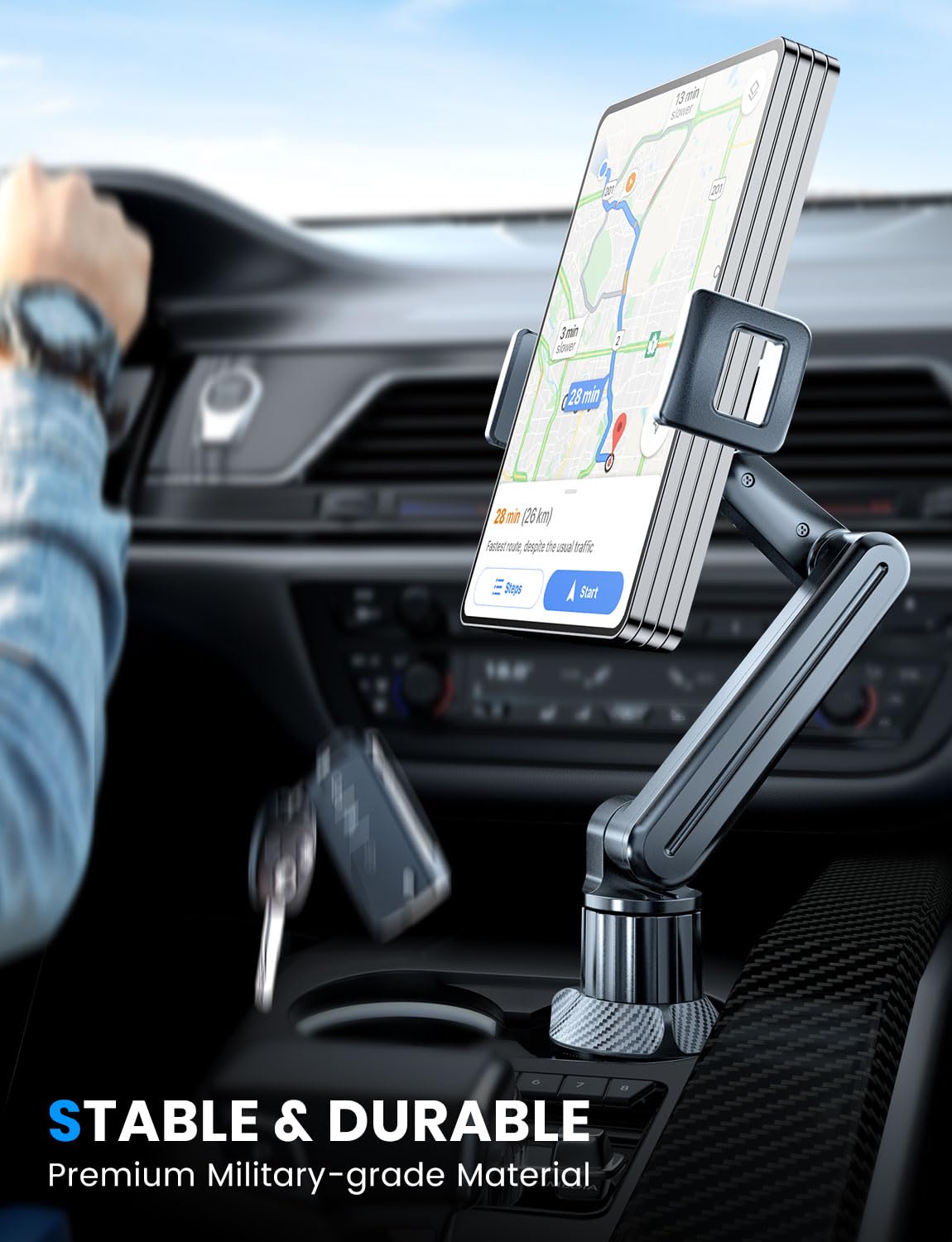 eSamcore Tablet Holder for Car, for iPad Stand Cup Holder Car Mount with 1.57" Depth Large Clamp 15" Height Adjustable Tab Mount Holder for 6"-12.9" Cell Phone iPhone Travel iPad Accessories