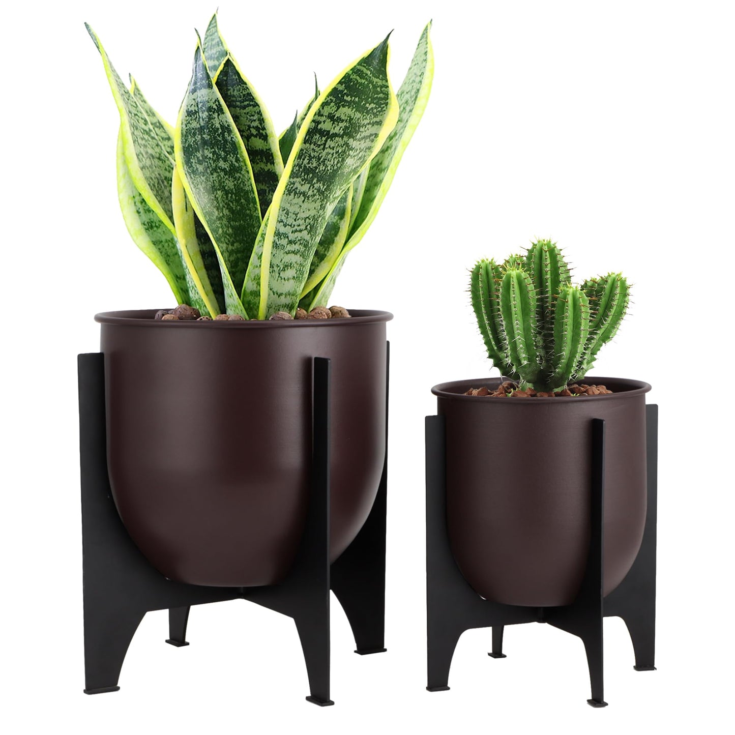 TRIROCKS Set of 2 Planters with Stand Indoor Outdoor Metal Plant Stand 16 &8" H Modern Planters Flower Pots for Living Room Corner Kitchen Office Garden Balcony Patio Decor