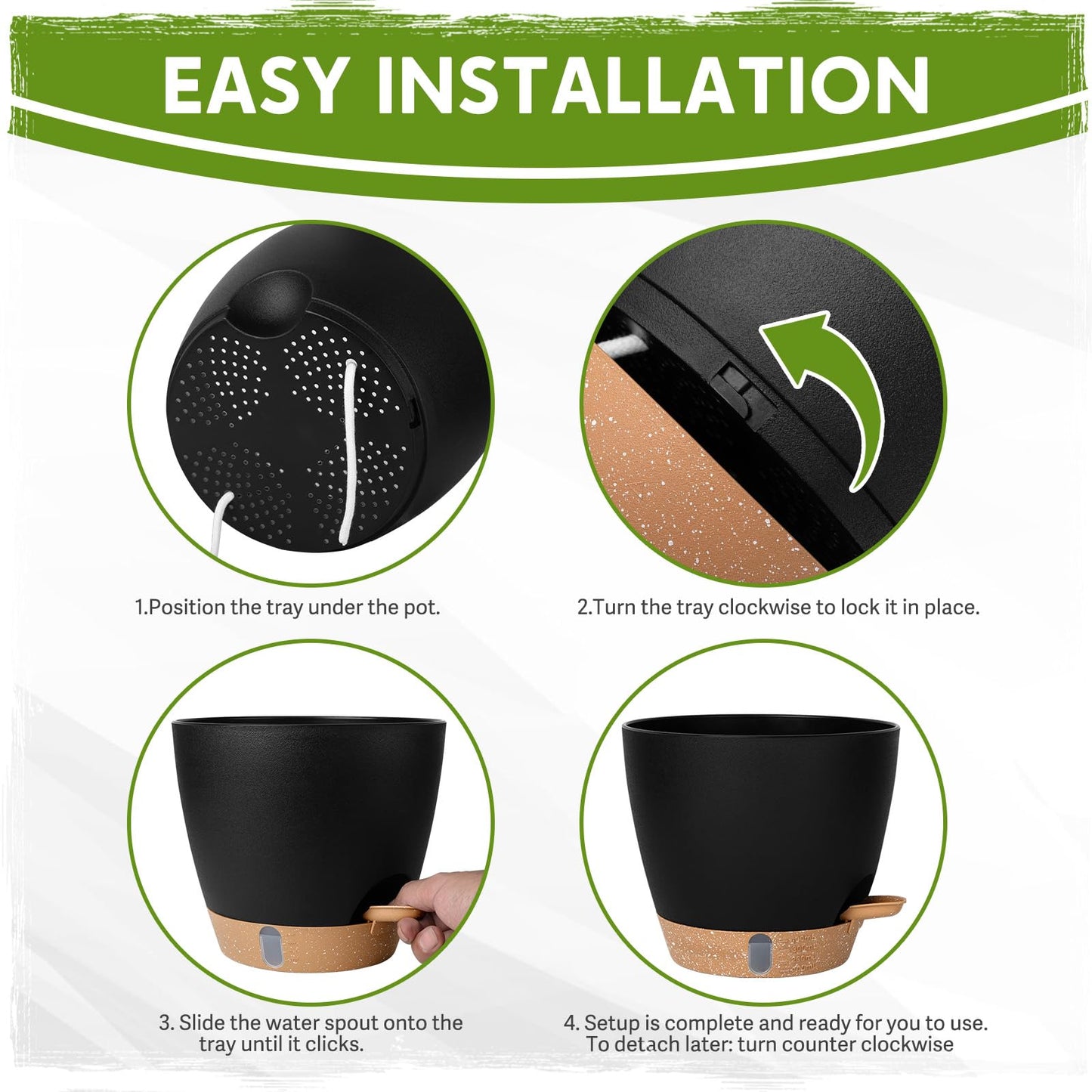 8 Inch Self Watering Pots for Indoor Plants, Plastic Planters with Deep Reservoir & Drainage Holes, Flower Pots for Monstera, Snake Plant & Peace Lily, Worry-Free Vacation Care (Black, 8 inch)