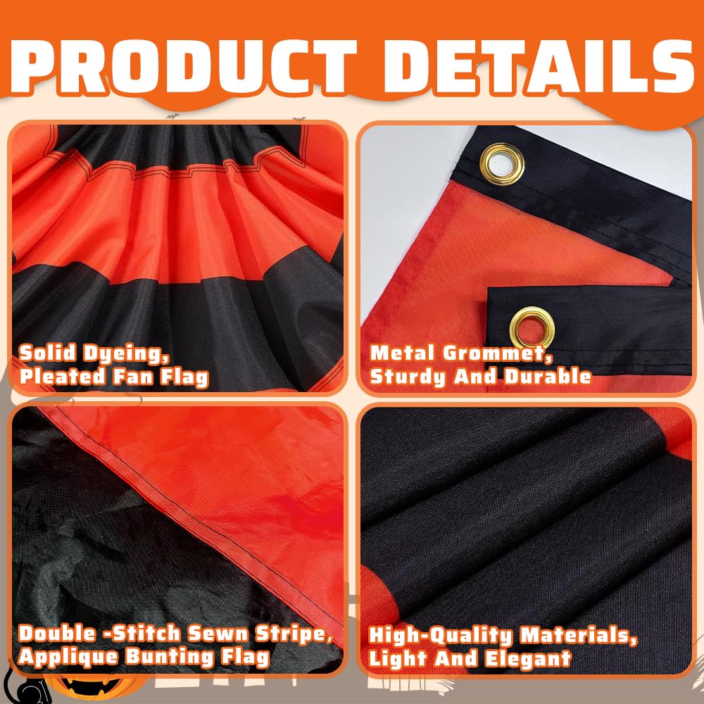 LinaGarten Halloween Bunting Flag 2 x 4 ft Fully Sewn Orange & Black 5 Stripe with 3 Grommets Pleated Half Fan Flag Bunting Banner Trick or Treat Halloween Decor Outside Porch Garden Outdoor Yard Indoor Home