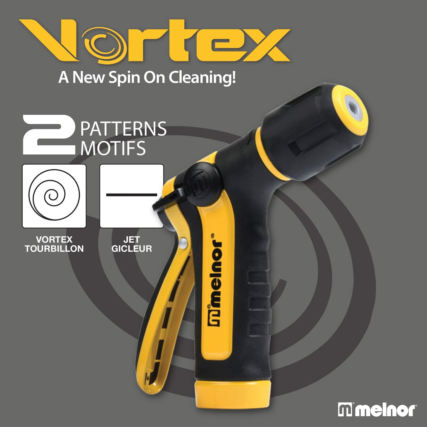 Melnor 65119-AMZ 2-Pattern Vortex Garden Hose Sprayer Nozzle, QuickConnect Product Adapter, Black, Yellow, Slip Resistant Water Hose Nozzle for Car Washing, Patio, Pet
