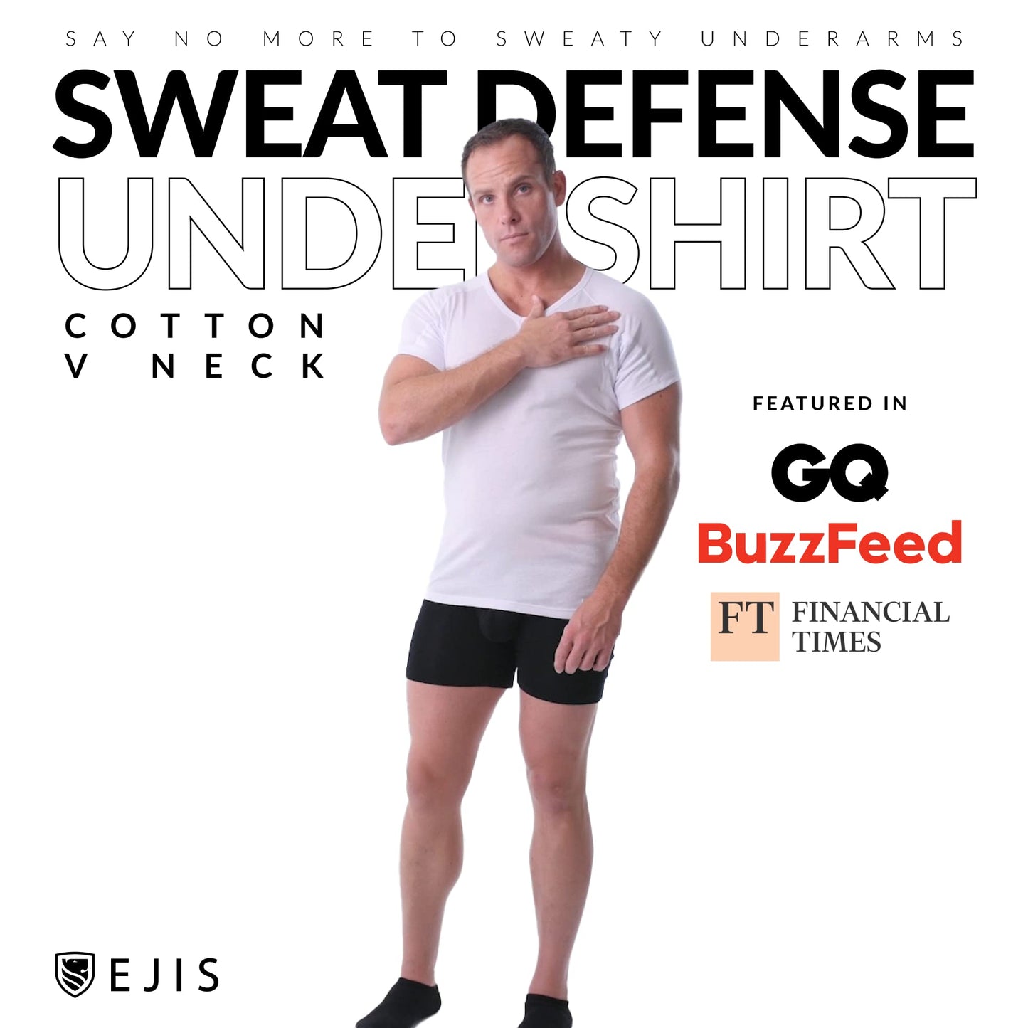 Ejis Men's Sweat Proof Undershirt, V Neck, Anti-Odor Silver, Cotton, Sweat Pads