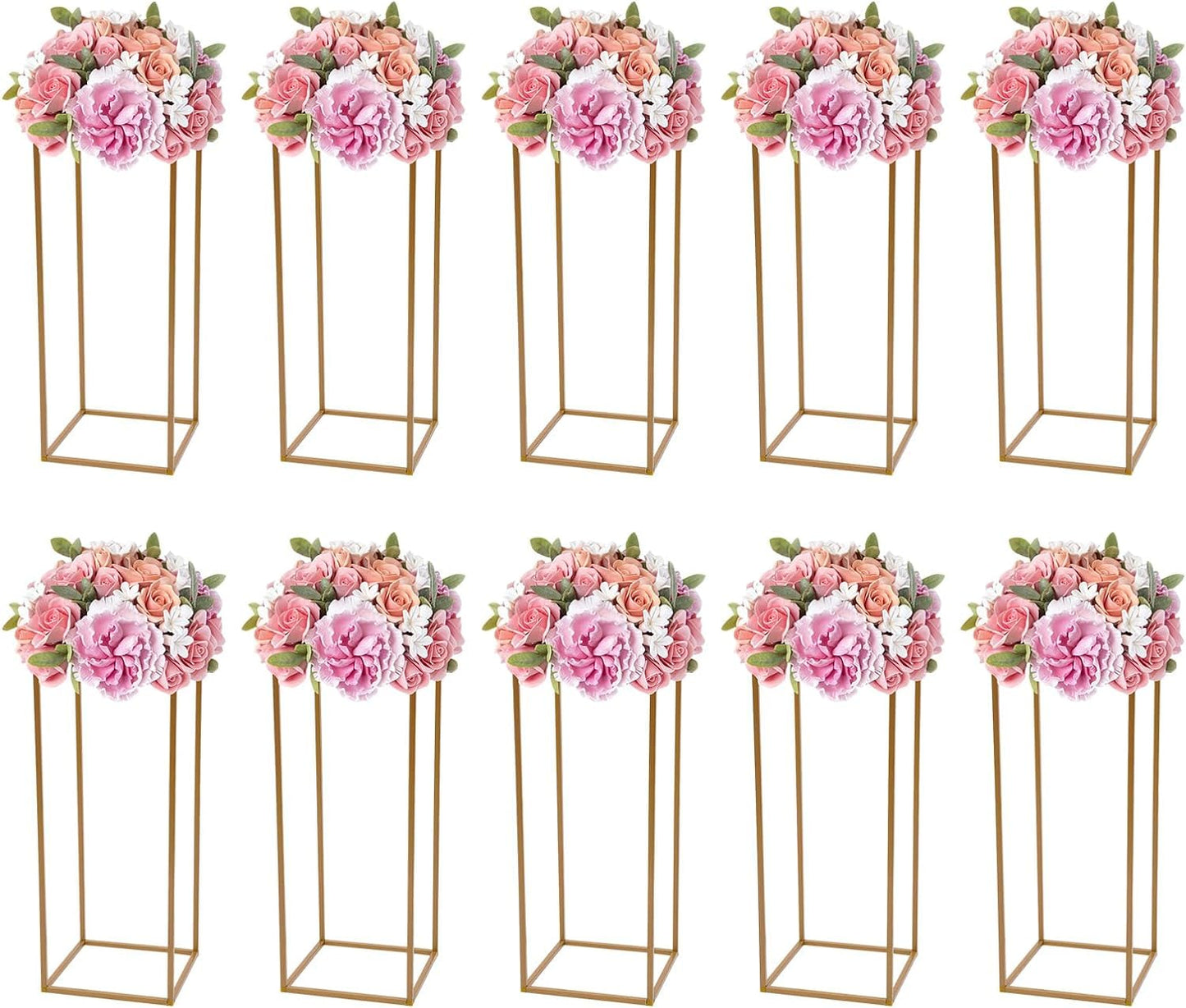 10 Pack 23.6 Inch Gold Wedding Flower Stand Metal Vase Column Stand Geometric Centerpiece Vase for Home Party Wedding Decorations, Rectangular Flower Display Rack