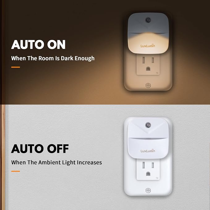 LuxLumin LED Night Light Plug into Wall with Smart Dusk to Dawn Sensor, Automatically Turn on and Off,Night Light for Kids,Bedroom,Bathroom,Stairs,Warm White, 4 Packs