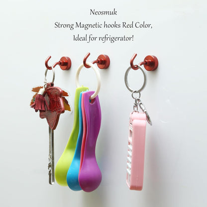 Neosmuk Magnetic Hooks,30lb Heavy Duty Earth Magnets with Hook for Refrigerator, Extra Strong Cruise Hook for Hanging, Magnetic Hanger for Curtain, Grill (Red, 4 Pack)