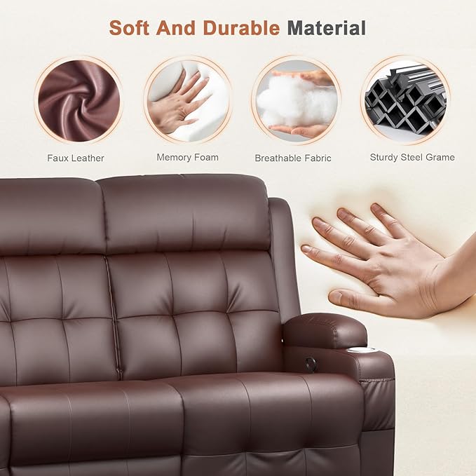 RV Loveseat Recliner Sofa, Built-in Power Strip, Massage Wall Hugger 3-Seater