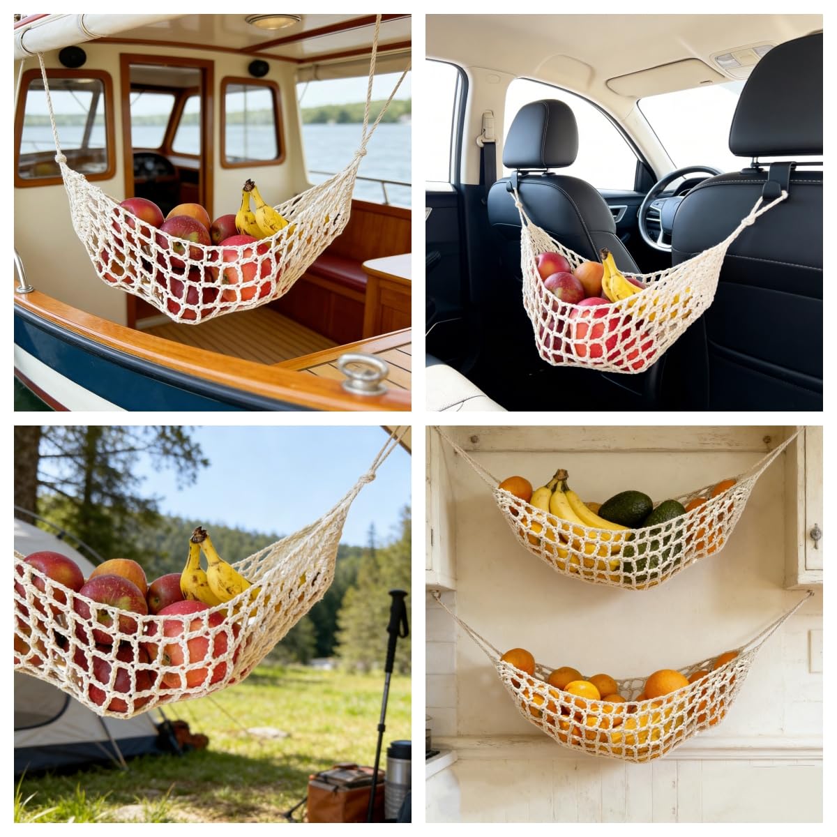 Tullace 2-Pack Hanging Fruit Hammock with Hooks - Macrame Under Cabinet Veggie Banana Basket, Hand-Woven Boho Fruit Holder, Save Counter Space for Kitchen Home RV Boat (Ivory)