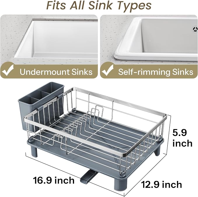 SNTD Dish Drying Rack - Small Dish Rack for Kitchen Counter, Stainless Steel Dish Drainer with Utensil Holder and Drainboard, 12.9" W x 16.9" L (Silver)