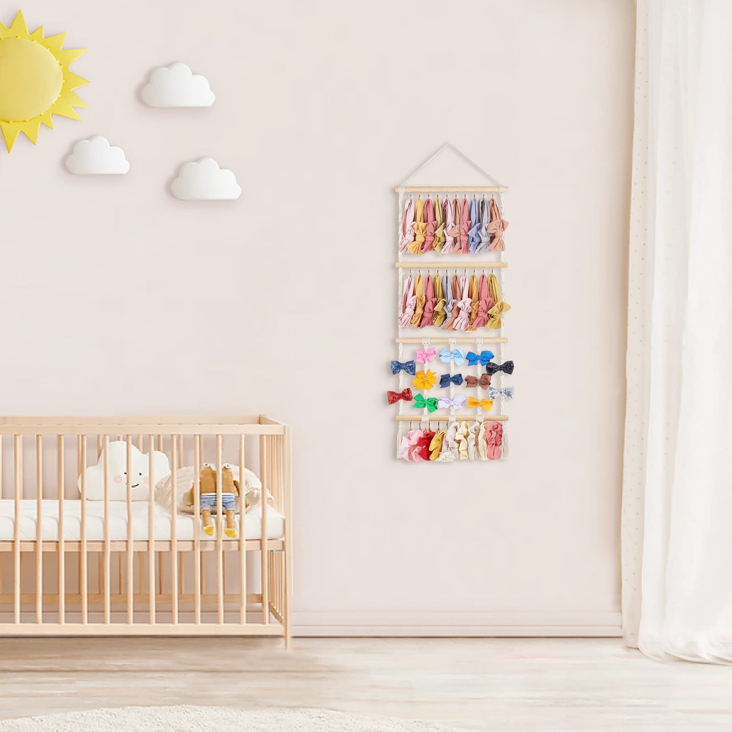 Dahey Hanging Jewelry Organizer Macrame Necklace Holder with 30 Hooks and Macrame Headband Holder with 30 Hooks Boho Nursery Decor for Baby'S Room