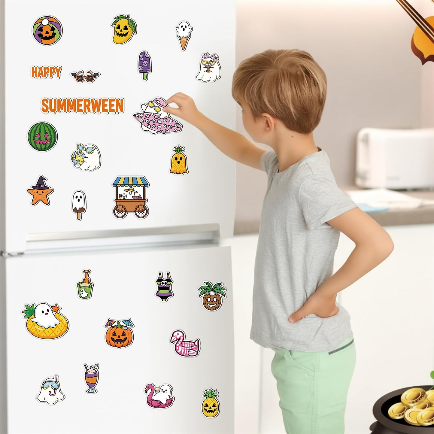 Eartim Summerween Spooky Fridge Magnet - 25Pcs Cartoon Summer Fruit Ice Cream Pumpkin Ghost Refrigerator Magnetic Sticker for Summer Theme Kids Birthday Party Refrigerator Class Bulletin Board Decor
