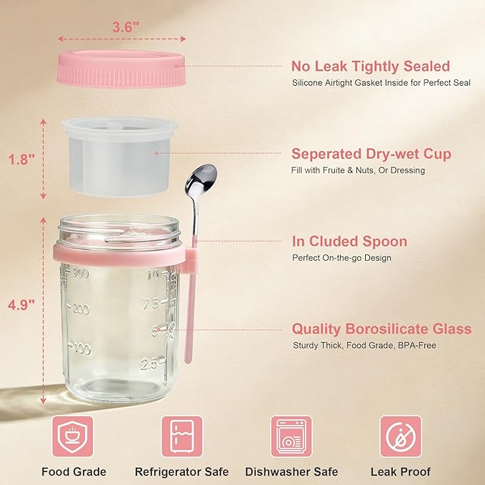 4 Pack Overnight Oats Containers with Lids and Spoons - 16 oz Glass Mason Jars with Dressing Cup, Over night Oat Jars for Meal Prep, Yogurt Parfait Cup for Chia Seed Salad (Pink)