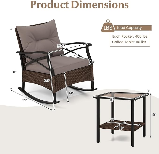 Tangkula 3 Pieces Outdoor Rocking Chairs Set, Rattan Heavy Duty Cushioned