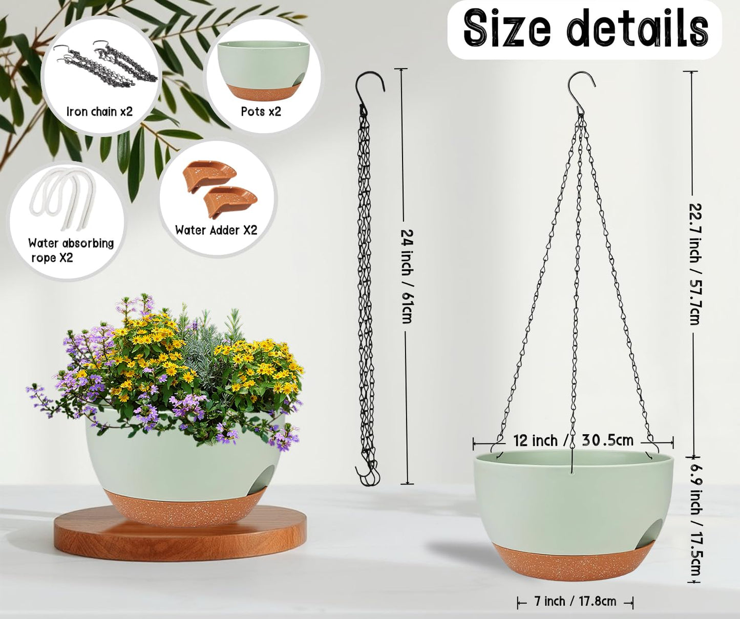 zople 2 Pack 12 Inch Self Watering Hanging Planters for Indoor Plants, Large Green Brown Plastic Hanging Pots with Chains for Outdoor Patio Garden Home Decor Green Brown